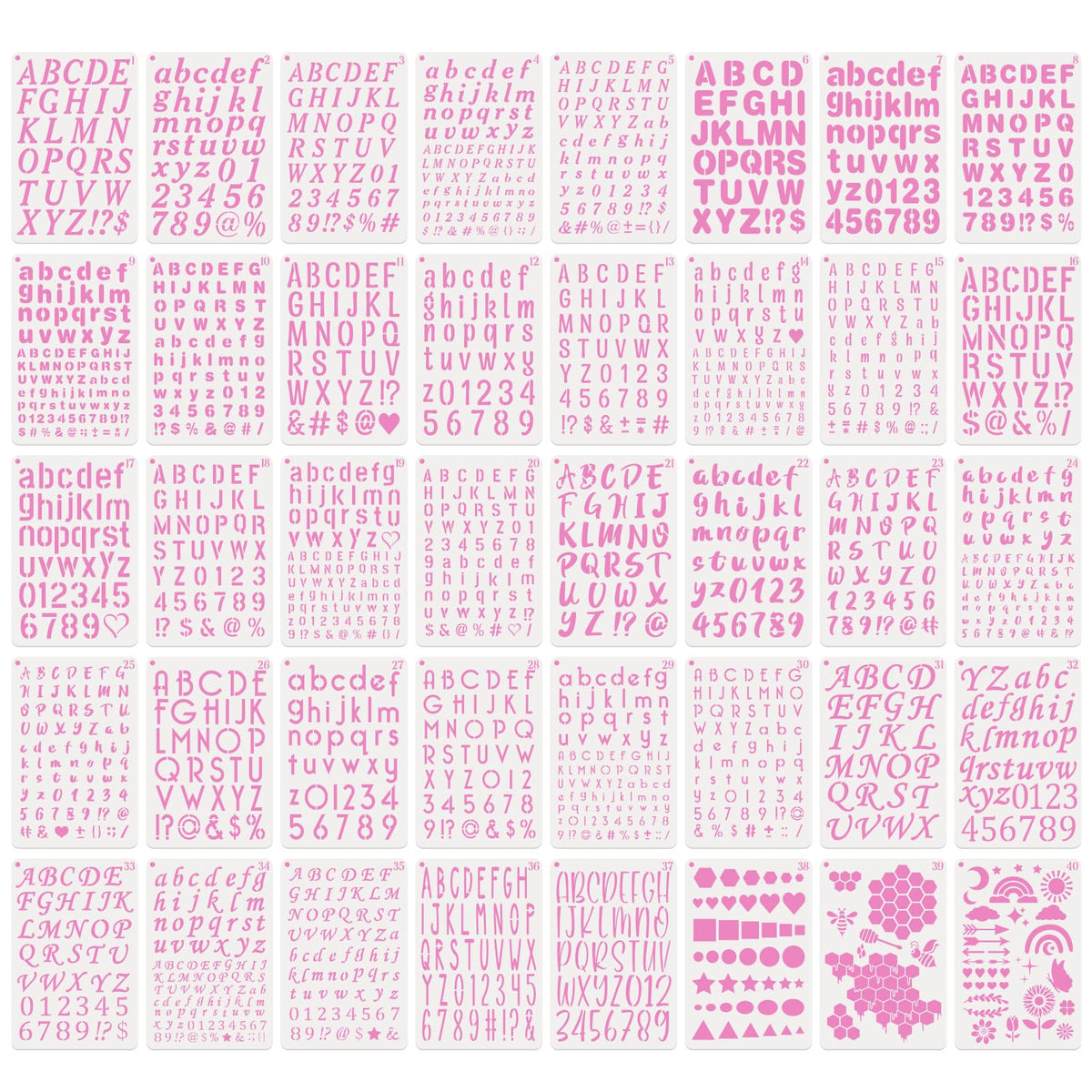 BAMIDELE Letter and Number Stencils for Painting - 40 PCS Small Alphabet Stencils (1, 0.75, 0.5, 0.35 Inch) for Crafts, Wood, Cakes - Reusable Plastic Bullet Journaling Letter Stencil (7.5 x 5 Inch)