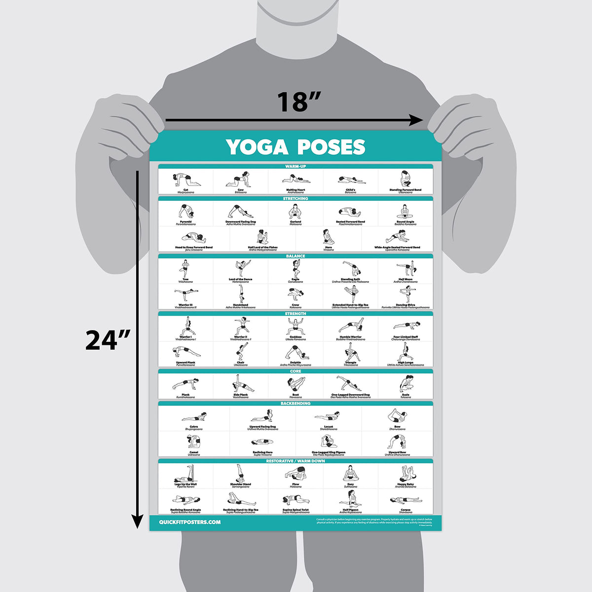 Quickfit 3 Pack - Yoga Poses + Stretching Exercises + Pilates Mat Work Poster Set - Set of 3 Workout Charts (LAMINATED, 18" x 24")