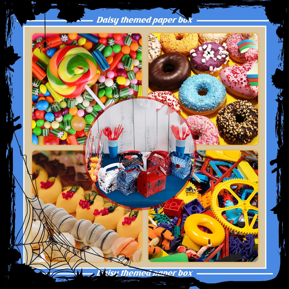 Gilprop 16 Pcs Spider Birthday Party Favor Boxes Spider Gifts Goodie Treat Boxes with Handles 6.3 x 3.23 x 3.74 Inches Double Sided Printed Gable Candy Bag for Party Supplies, 6 Style