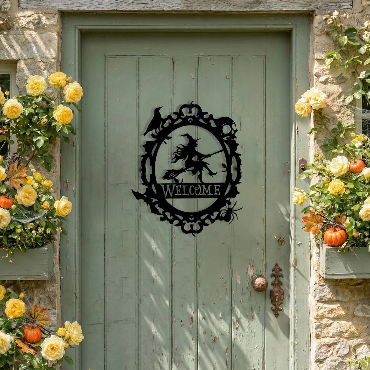 Gothic Witch Welcome Sign, Black Metal Wall Decor with Witch Design,15.63 x 12.6 inch, Indoor Outdoor Decorative Plaque
