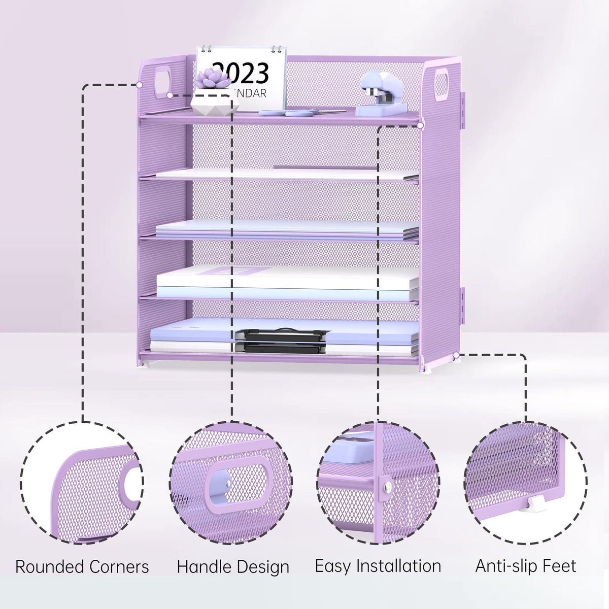2 Pack 5-Tier Purple Desk Organizer with Handle Mesh Desk File/Paper Organizer Letter Tray for Office, School and Home Easy Installation Purple Office Supplies