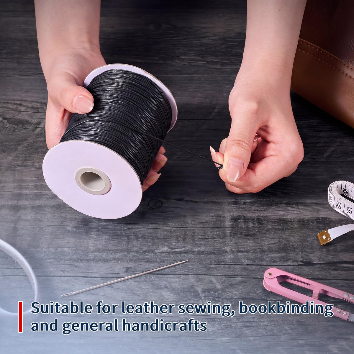 Timgle Waxed Polyester Whipping Twine 0.8mm x 985 Feet, Marine Grade Sail Repair & Rope Seizing Cord with Needle, Heavy Duty Waxed Lacing String for Leather Sewing, Camping, Outdoor Use(Black)