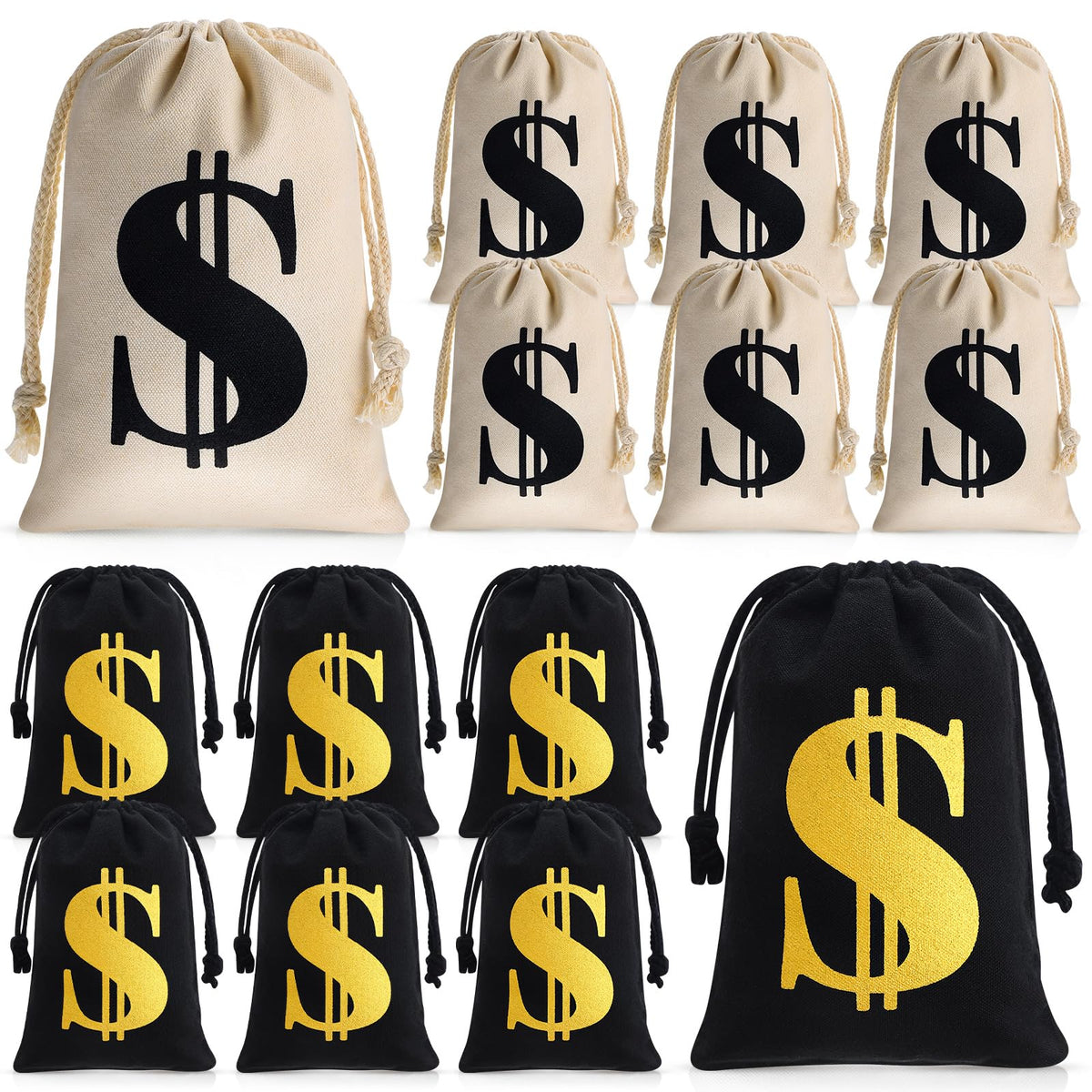 Shihanee 24 Pcs 9 x 6.3 Inch Canvas Money Bag with Drawstring Closure Costume Money Bag Pouch Dollar Sign Carrying Sack Prop for Party favor Bank Robber Pirate Cowboy Cosplay Theme Party (Beige,Black)