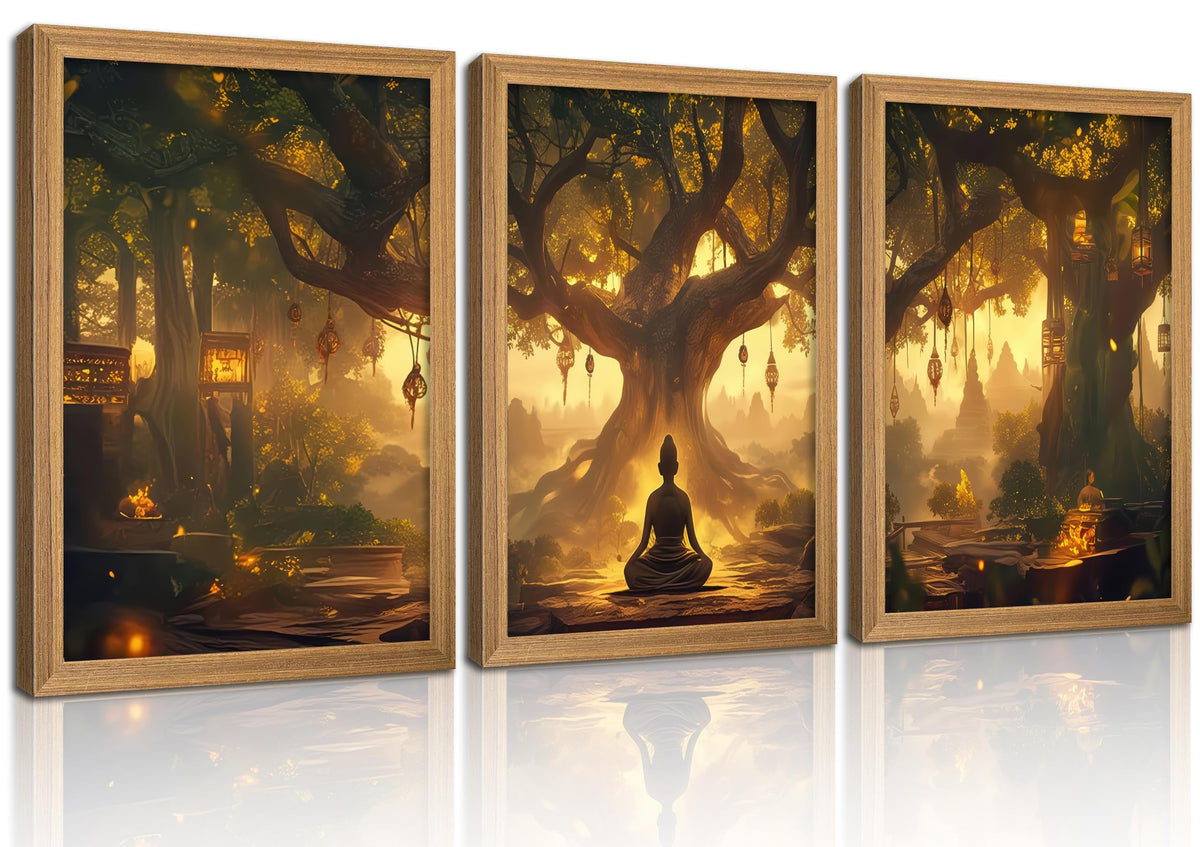 3Pcs Framed Buddha Under Bodhi Tree Canvas Wall Art，Zen Spiritual Wall Decor, Mystical Forest Lantern Poster for Living Room Bedroom Office