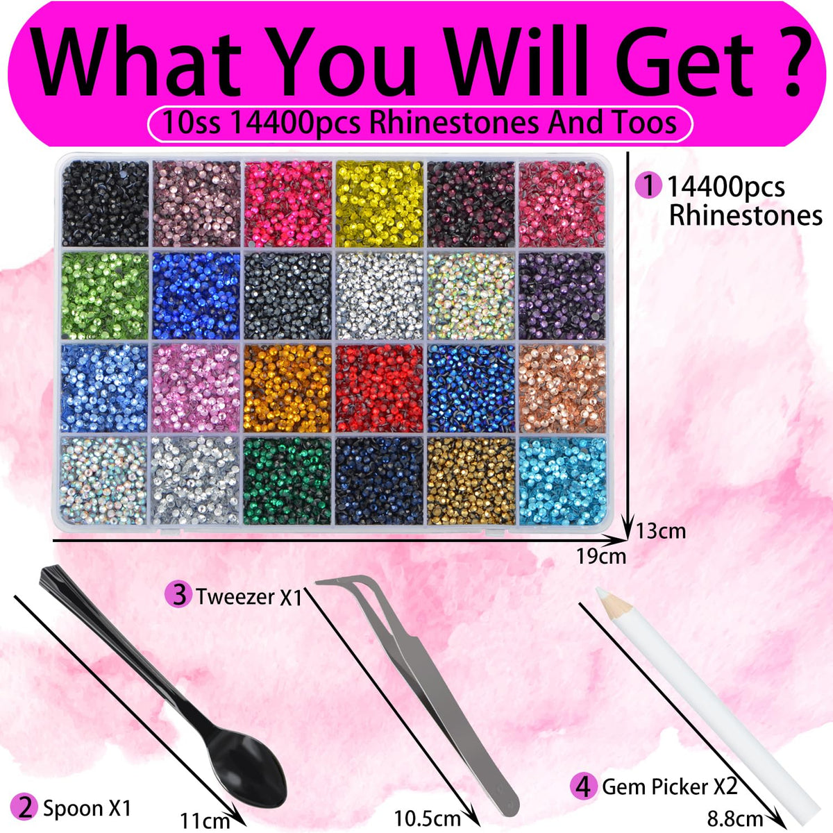 LPBeads Glass Hotfix Rhinestones Bulk SS10 14400pcs 24 Colors Hotfix Crystal Flatback Rhinestones for Crafts Clothes with Tweezers and Wax Pencil Kit