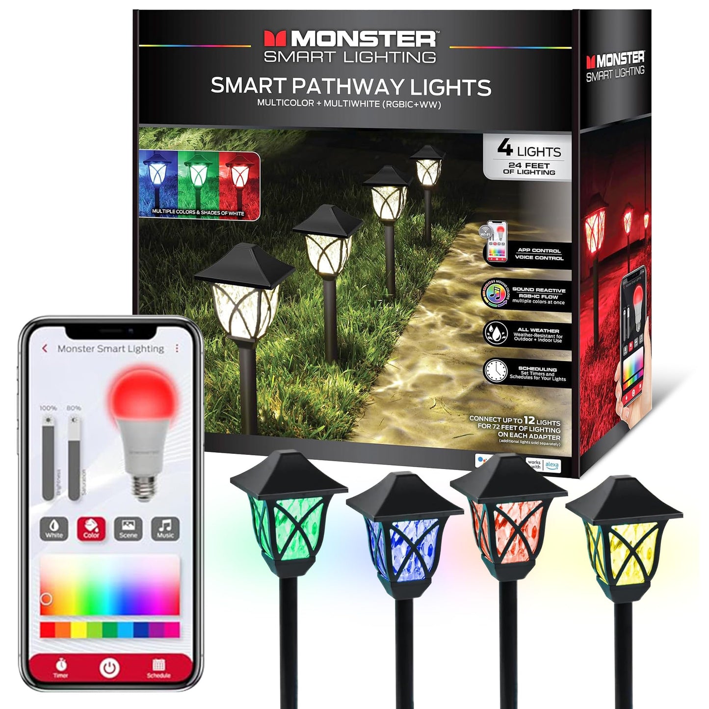 Monster Smart RGB+IC+WW Pathway Lights with 4 Dimmable LED Lights - Sound Reactive Garden Light, Weatherproof IP44 Outdoor Lighting - Compatible with Alexa, Google Assistant, Siri, Monster App