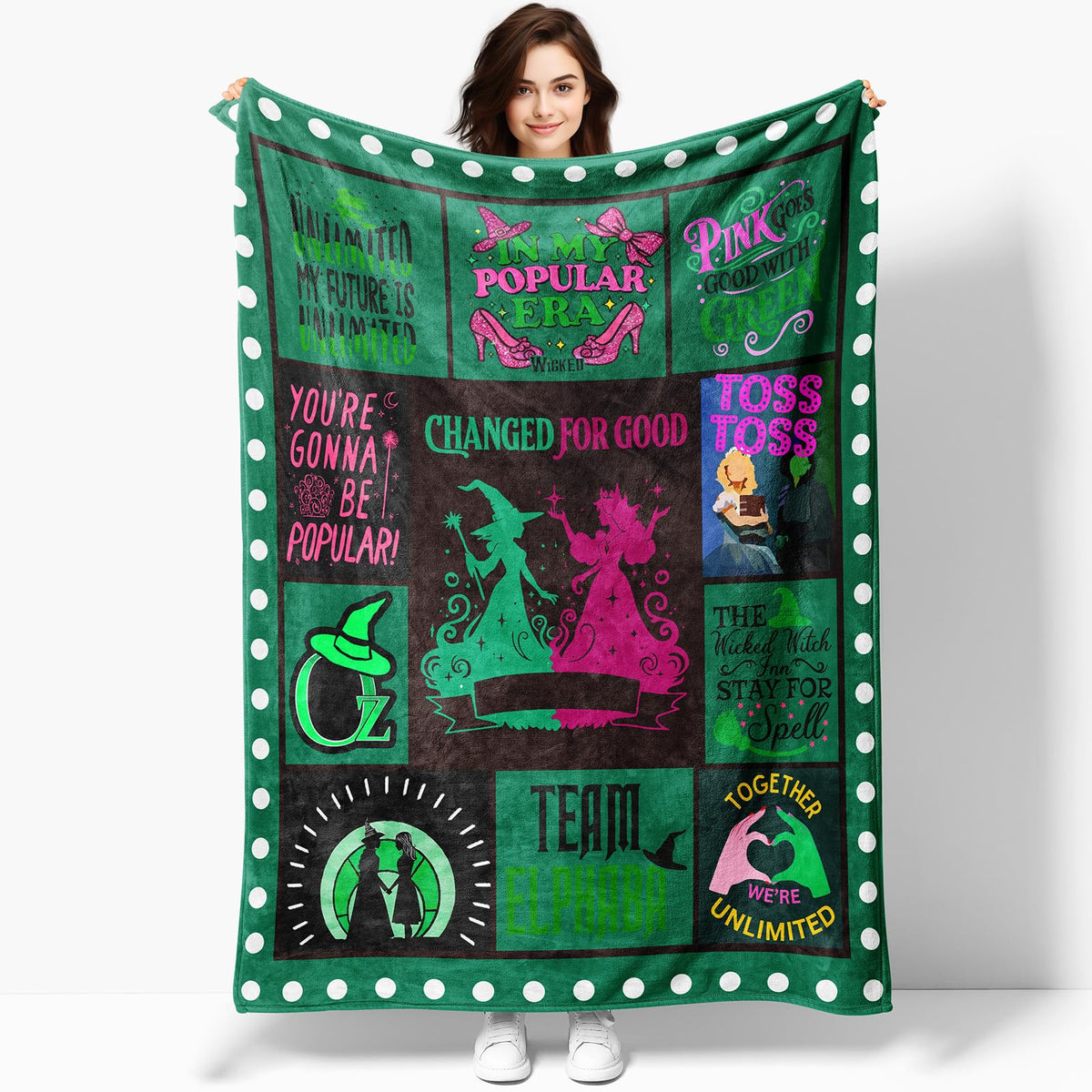 50'' x 40'' Witch Green Vintage Flannel Blanket, Evil Gift Queen Throw Broom, Elphaba Hat Glinda Magic Movie Land Blanket, All Seasons Warm Cozy Soft Blanket for Sofa Bed Halloween Women Fans 1
