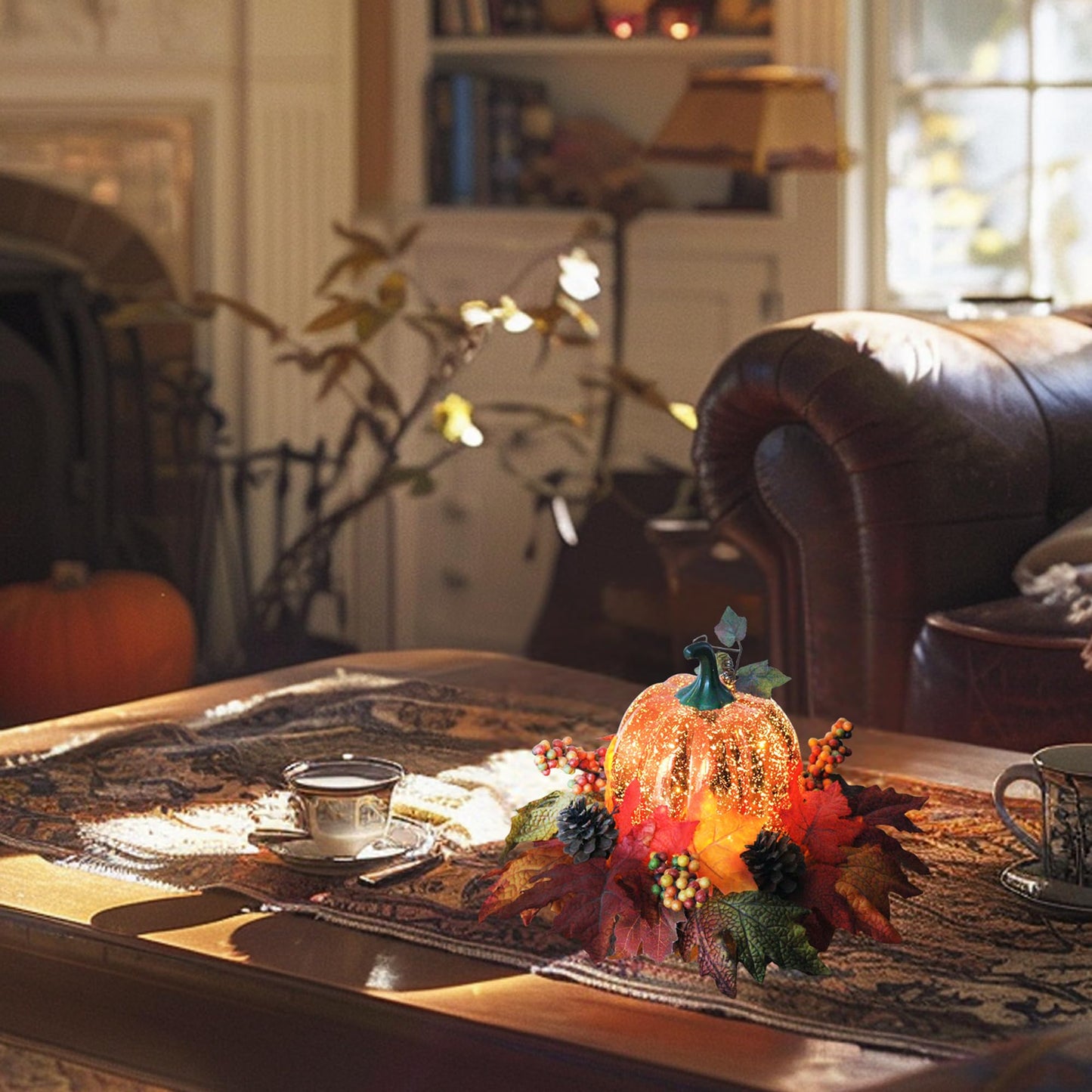 Lighted Pumpkin Fall Decor – LED Thanksgiving Decoration with Faux Maple Leaves, Berries, and Pinecones, Autumn Harvest Centerpiece for Table, Indoor and Outdoor Home Display