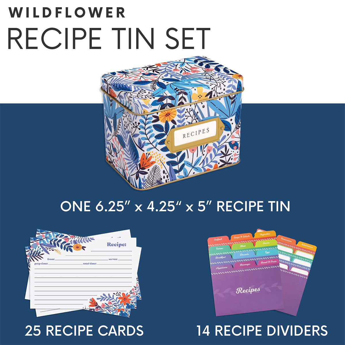 Jot & Mark Recipe Card Gift Box, 25 4x6 inch Cards, 14 Dividers, Decorative Tin Box