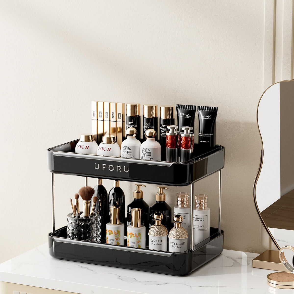 UFORU Countertop Coffee Station Organizer, 2 Tier Wine Glass Holder, Mug Display Shelf with Removable Drain Tray, Spice & condiment Rack for Kitchen, Bathroom Countertop Organizer, Black