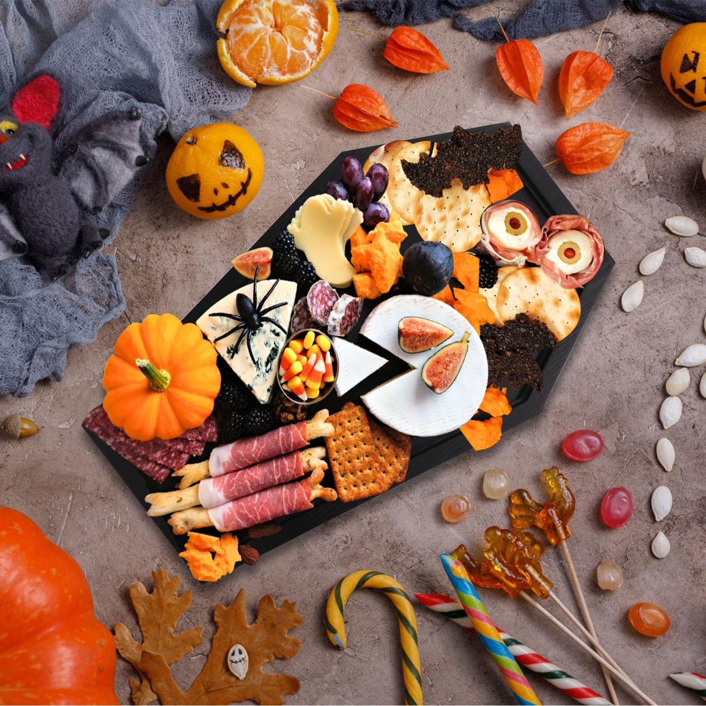 PEUTIER Coffin Tray Skeleton, Coffin Serving Tray Spooky Goth Candle Bowl Wood Coffin Serving Platter Halloween Creepy Decor Tray for Placing Dessert Cheese Party Favor (Pattern 2)