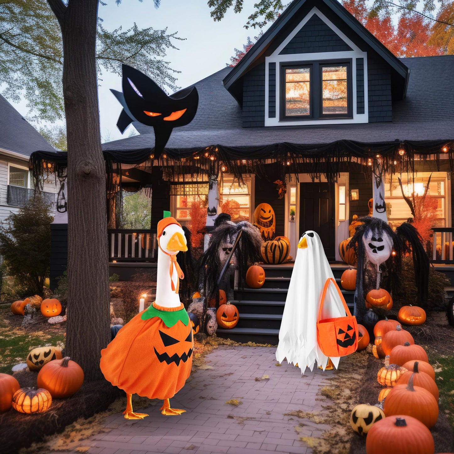Silicherry 2 Set Halloween Goose Outfit Lawn Porch Goose Cloths Plastic Clothing Fall Halloween Outfit for 23 Inches Outdoor Patio Yard Lawn Art Decoration