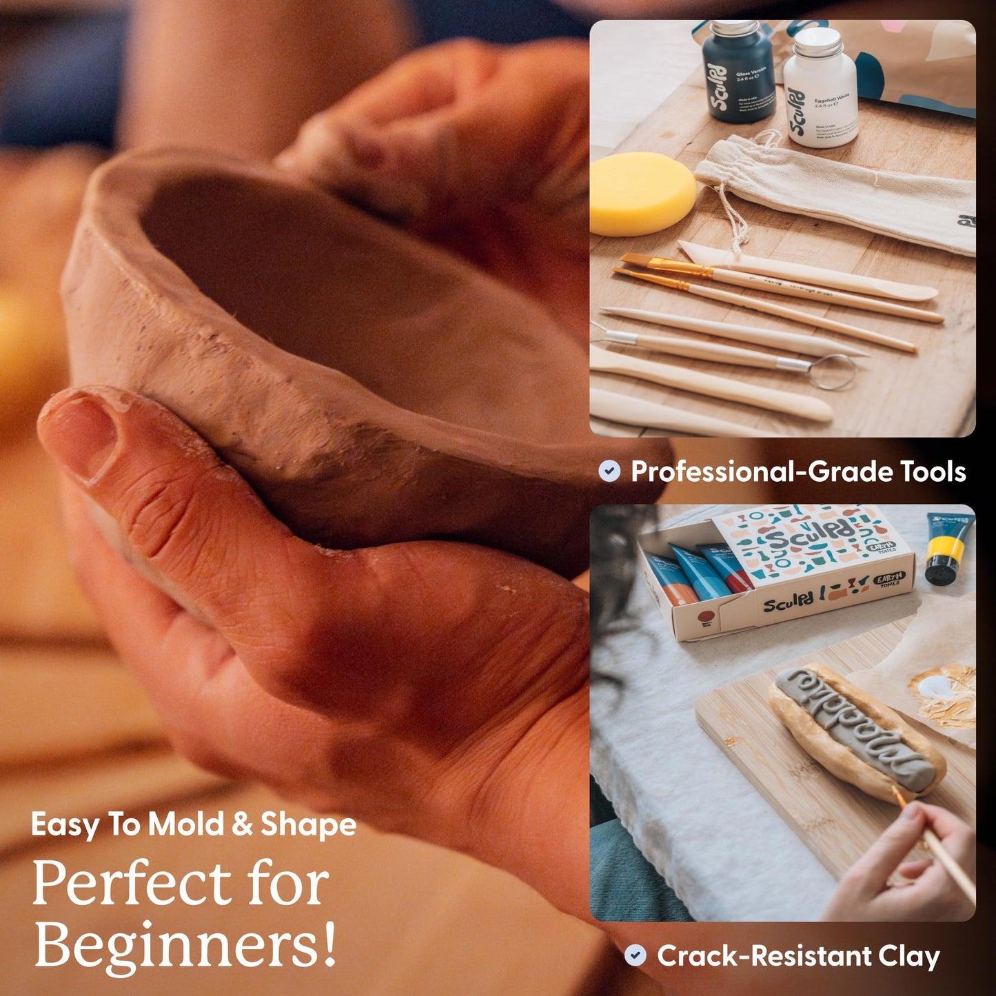Sculpd - The Original Pottery Kit for Adults - Air Dry Clay for Adults, Tools, Varnish, Paints, Brushes, Couples Date Night Arts & Crafts Set, Gloss Varnish with Pastel Tones