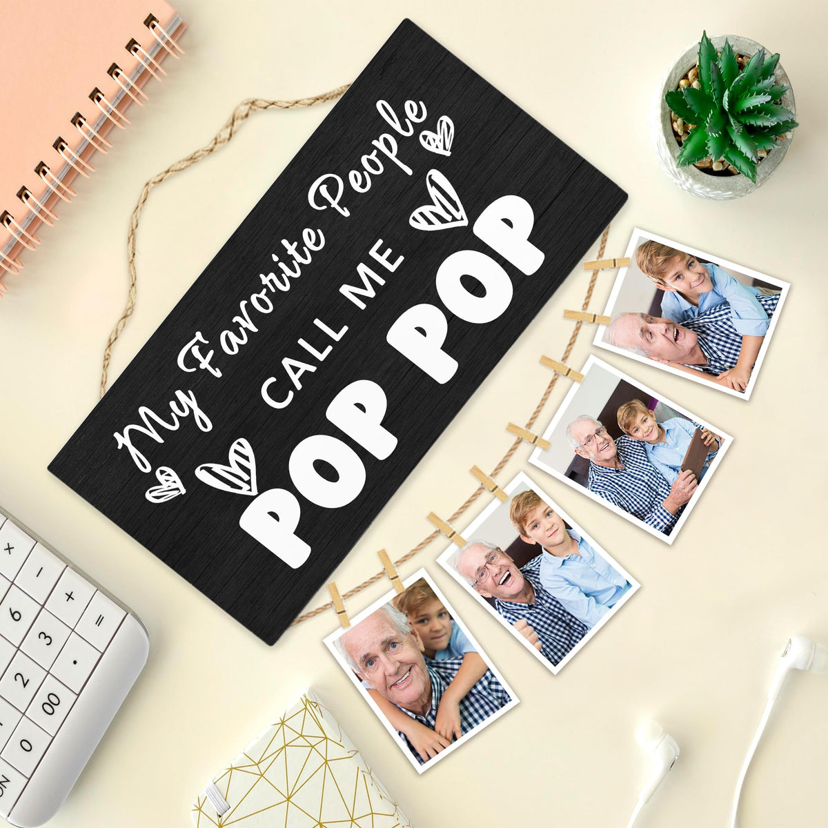 Hiuwevt Pop Pop Picture Frame Photo Hanging Display, Grandpa Gifts for Christmas, Grandfather Gifts from Grandaughters Grandsons, Father Dad Picture Board Photo Holder for Wall Decor