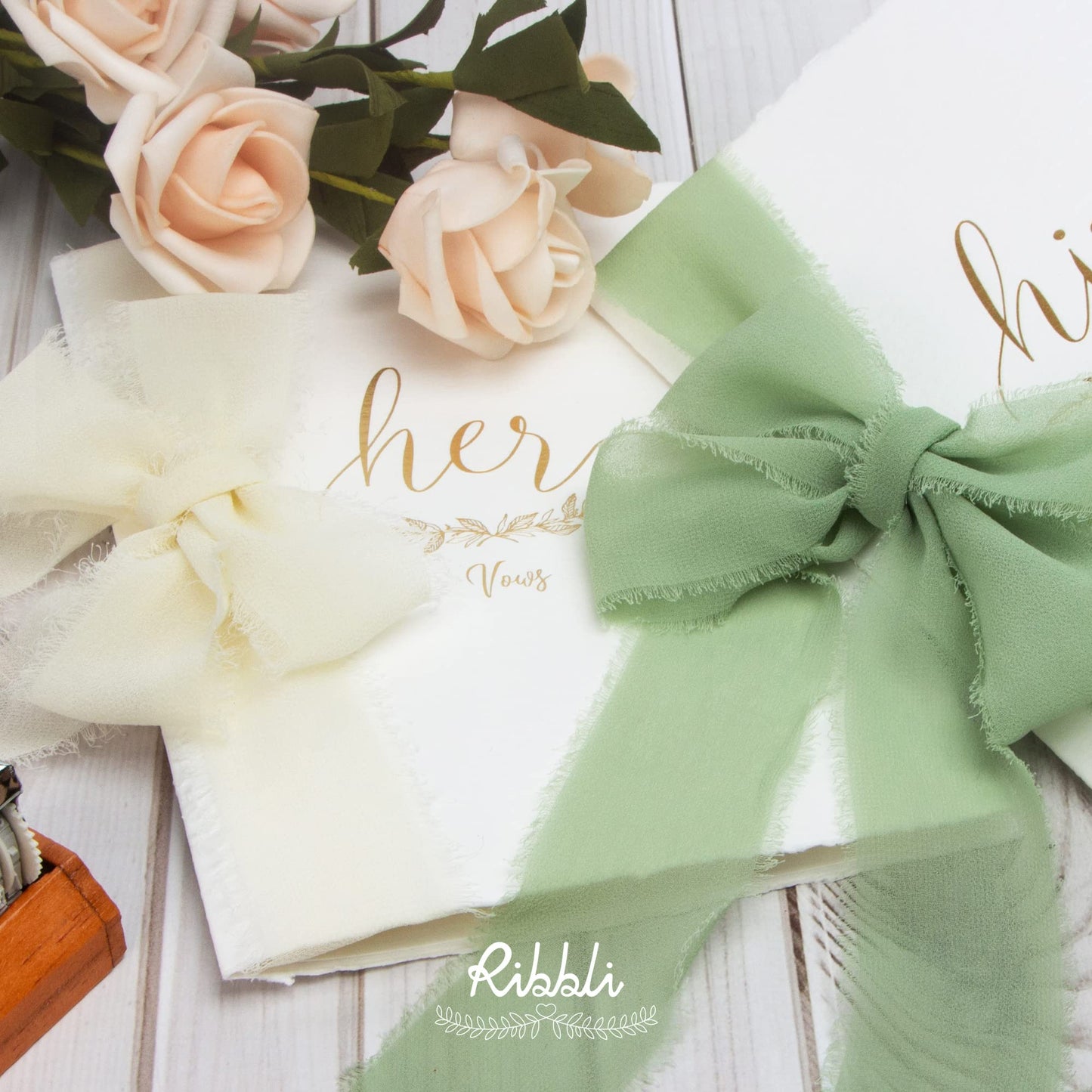Ribbli Ivory Chiffon Ribbon 1-1/2 inch x 30 Yard Handmade Fringe Chiffon Ivory Silk Ribbon,Cream Ribbon for Wedding Invitations, Bridal Bouquets Wrapping, Flower Arrangement Decoration