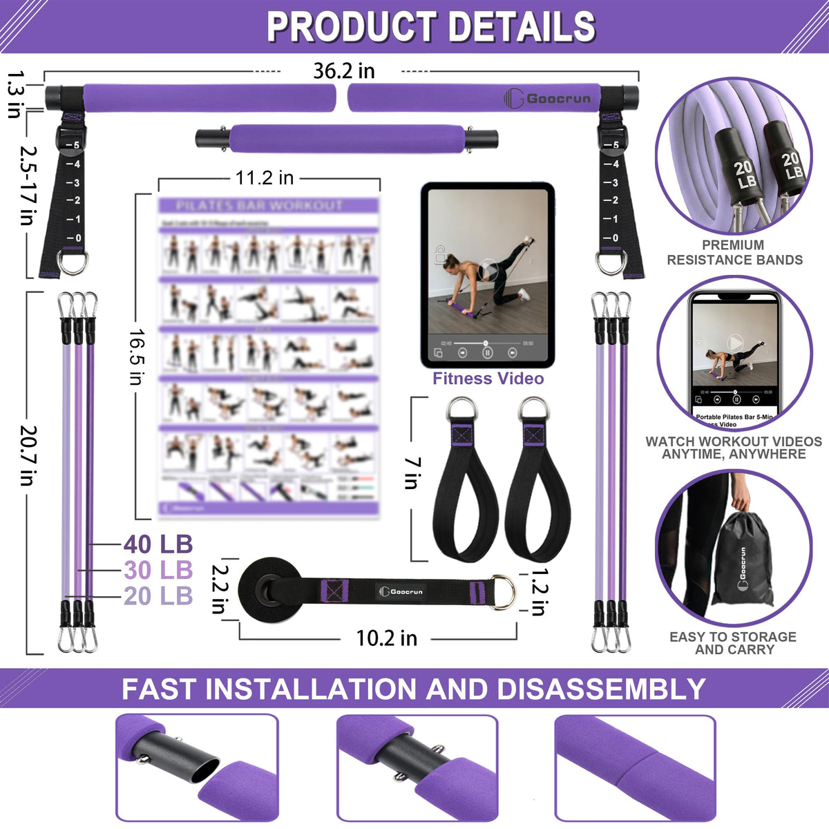 Goocrun Pilates Bar Kit with Resistance Bands for Men and Women - 3 Set Exercise Resistance Bands - Portable Multifunctional Home Gym - Supports Full-Body Workouts – with Fitness Poster and Video