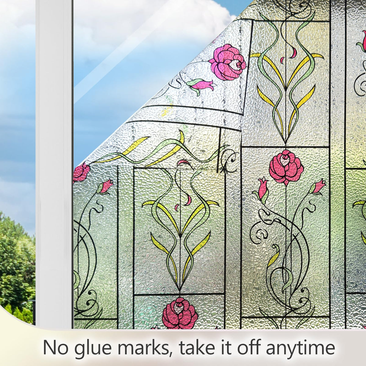 KESPEN WINDOW FILMS Window Privacy Film Stained Glass Frosted Glass Films Decorative Window Film with Rose Flower Static Cling Non-Adhesive Stickers Heat Control for Home, 17.5 Inch X 6.5 Feet