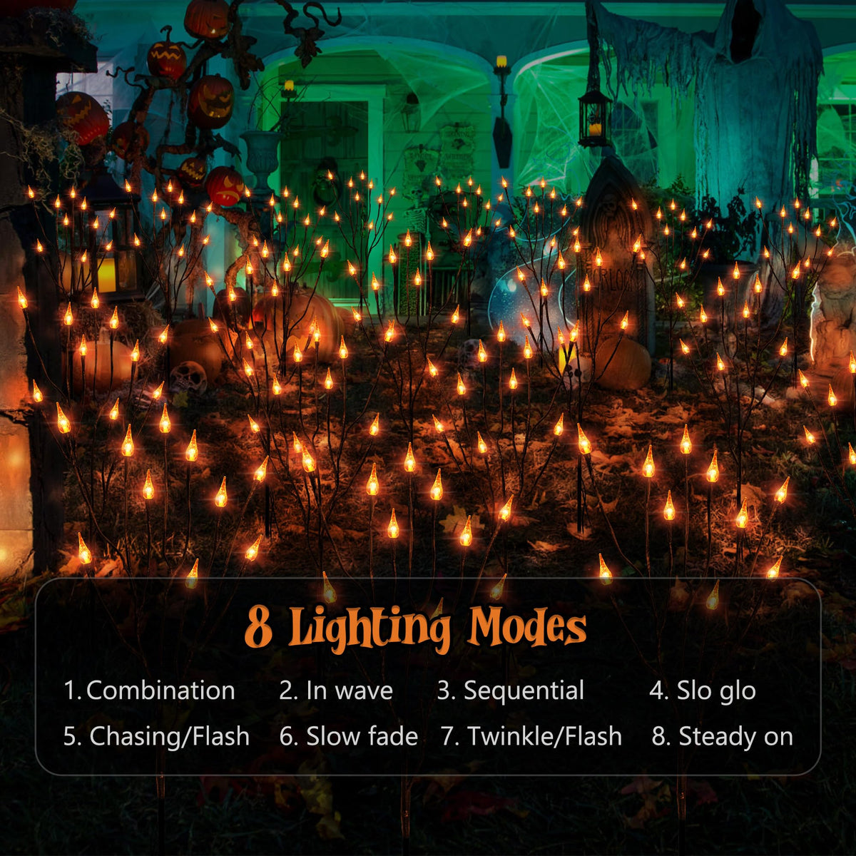 ODEETRONIC Halloween Pathway Lights – 3 Pack 30 LED Orange Candle Stake Lights, 7.54ft 8 Modes Outdoor Halloween Light Battery Operated, Waterproof & Timer Orange Light for Lawn, Path, Garden Decor
