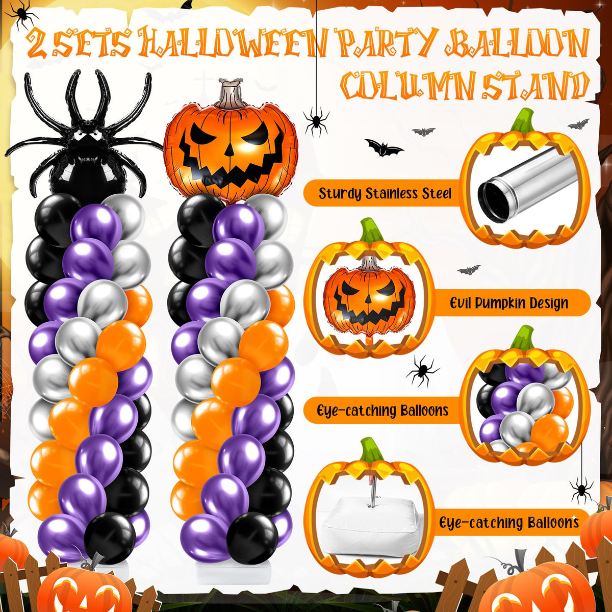 Kasyat 2 Sets Halloween Balloon Column Stand Kit with Scary Pumpkin Spider Foil Balloon Orange Purple Black Silver Arch Garland Kit for Spooky Birthday Party Halloween Theme Decoration
