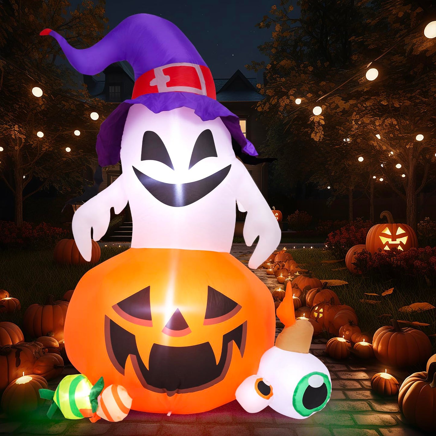 5FT Halloween Inflatable Outdoor Decoration Pumpkin Ghost with Built-in LEDs Blow Up for Halloween Party Holiday Indoor Outdoor Garden Lawn Yard Decorations
