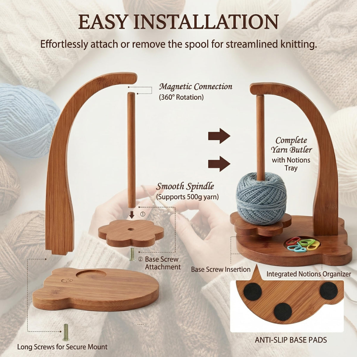 Blingcute Wooden Yarn Holder for Crochet and Knitting, 360° Rotating Bear-Shaped Yarn Stand, Anti-Tangle with Flower Base, Marker Tray, Anti-Slip Pads, Crochet Accessories Gift for Women