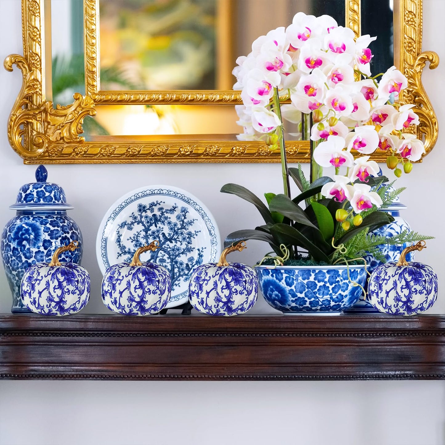 Winlyn 4 Pcs Faux Decorative Blue and White Fabric Pumpkins Chinoiserie Chic Pumpkins Foam Pumpkins for Gifts Farmhouse Thanksgiving Halloween Fall Wedding Table Centerpiece Mantel Bowl Decorations