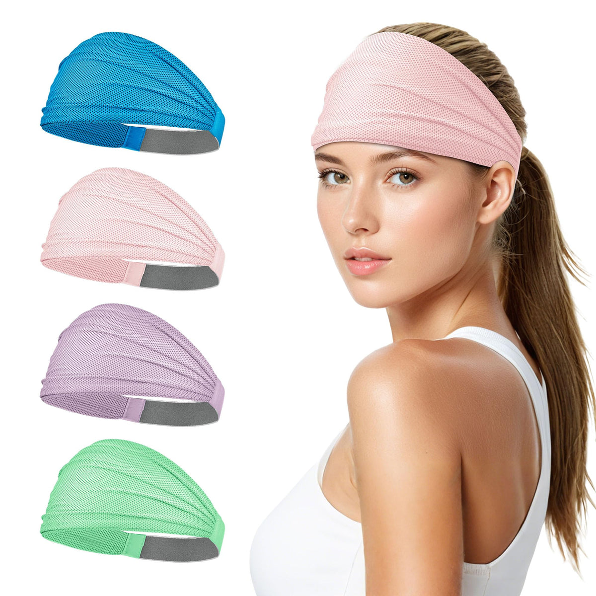 Sukeen Wide Headbands for Women, Instant Cooling Elastic Non-Slip Workout Headbands, Moisture-Wicking Sports Sweatbands for Gym, Yoga, Running, Fitness, 4 Pack, Blue/Macaron Pink/Mint Green/Lauva