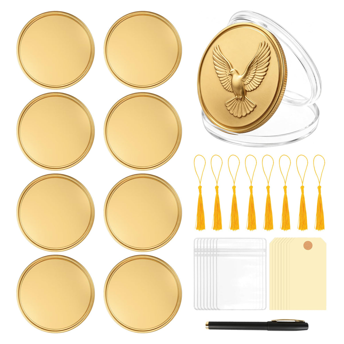 8Pcs 40mm Blank Brass Coins for Laser Engraving, Solid Blank Challenge Coin Set with with Acrylic Protection Box, Resealable Bag, Card, Tassel and Pen for DIY, Customization Gift & Memorial