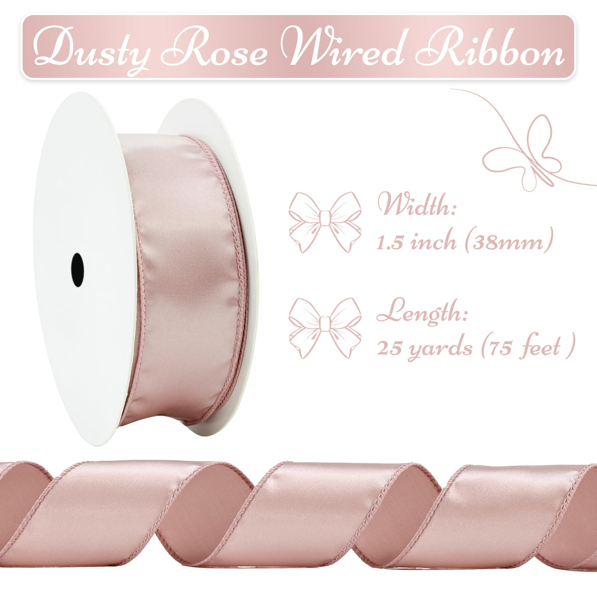 LIZLOVESS Dusty Rose Satin Wired Ribbon 1.5 Inch, Dusty Pink Wire Edge Ribbon for Gift Wrapping, Baby Shower, Wedding Decor, Christmas Tree, Crafts, Wreath Supplies 25 Yards