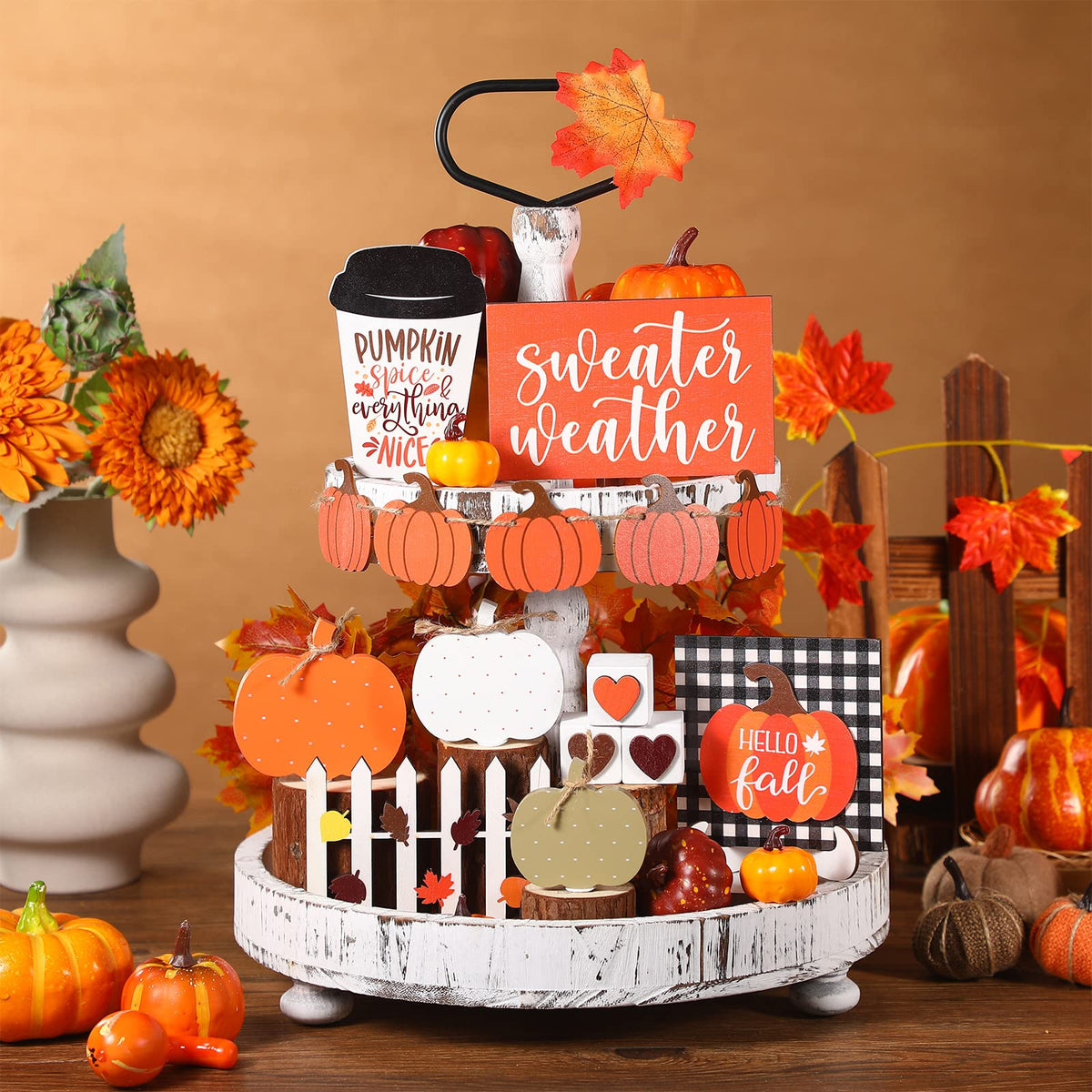 Sumind 15 Pcs Thanksgiving Tiered Tray Decor Set Fall Decorations for Home Autumn Wood Signs Thanksgiving Orange Brown Table Signs Farmhouse Wooden Maple Pumpkin Gnomes Tabletop for Festival(Pumpkin)