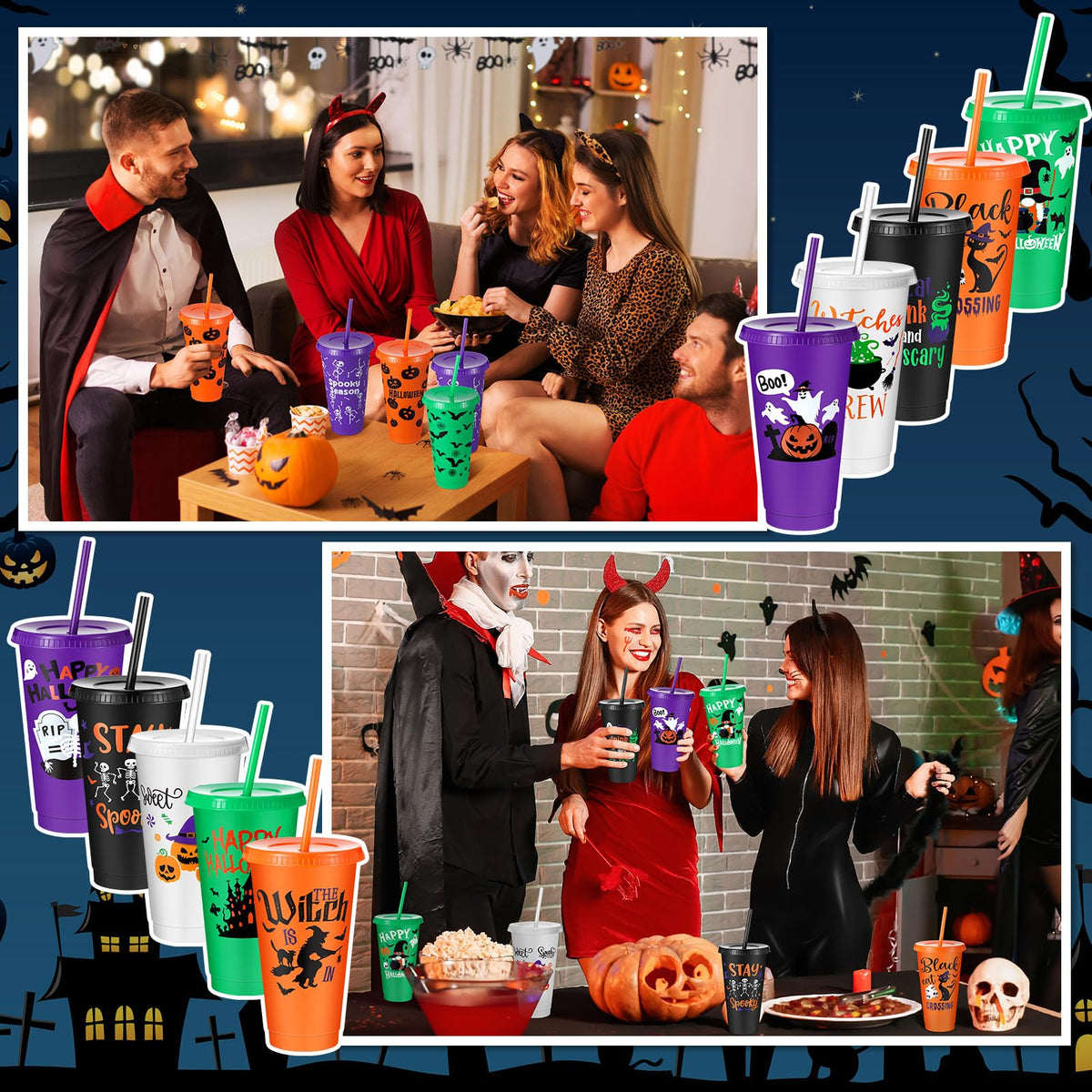 Chuangdi 30 Pack Halloween Plastic Tumbler with Lids and Straws Reusable Plastic Cups Spooky Cups Bulk for Kids Adults Halloween Party Birthday Supplies(24 oz,Pumpkin)
