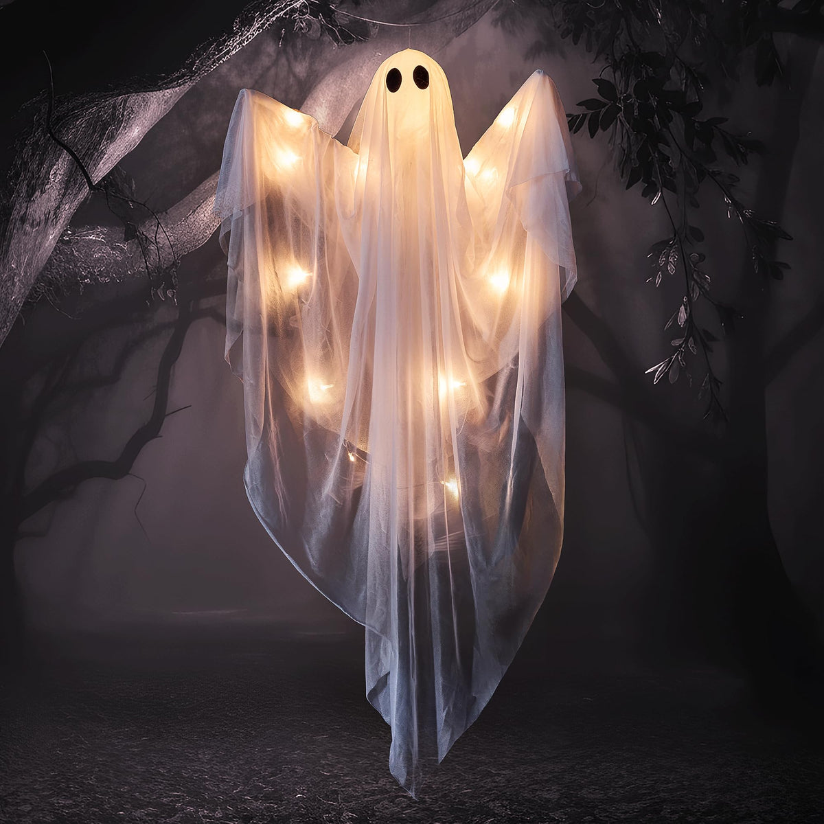 JOYIN Halloween Hanging Light up Ghost, 47” White Ghosts with Warm White LED Light and Timer Halloween Hanging Decoration Waterproof for Front Yard Patio Lawn Garden Party Decor Indoor Outdoor
