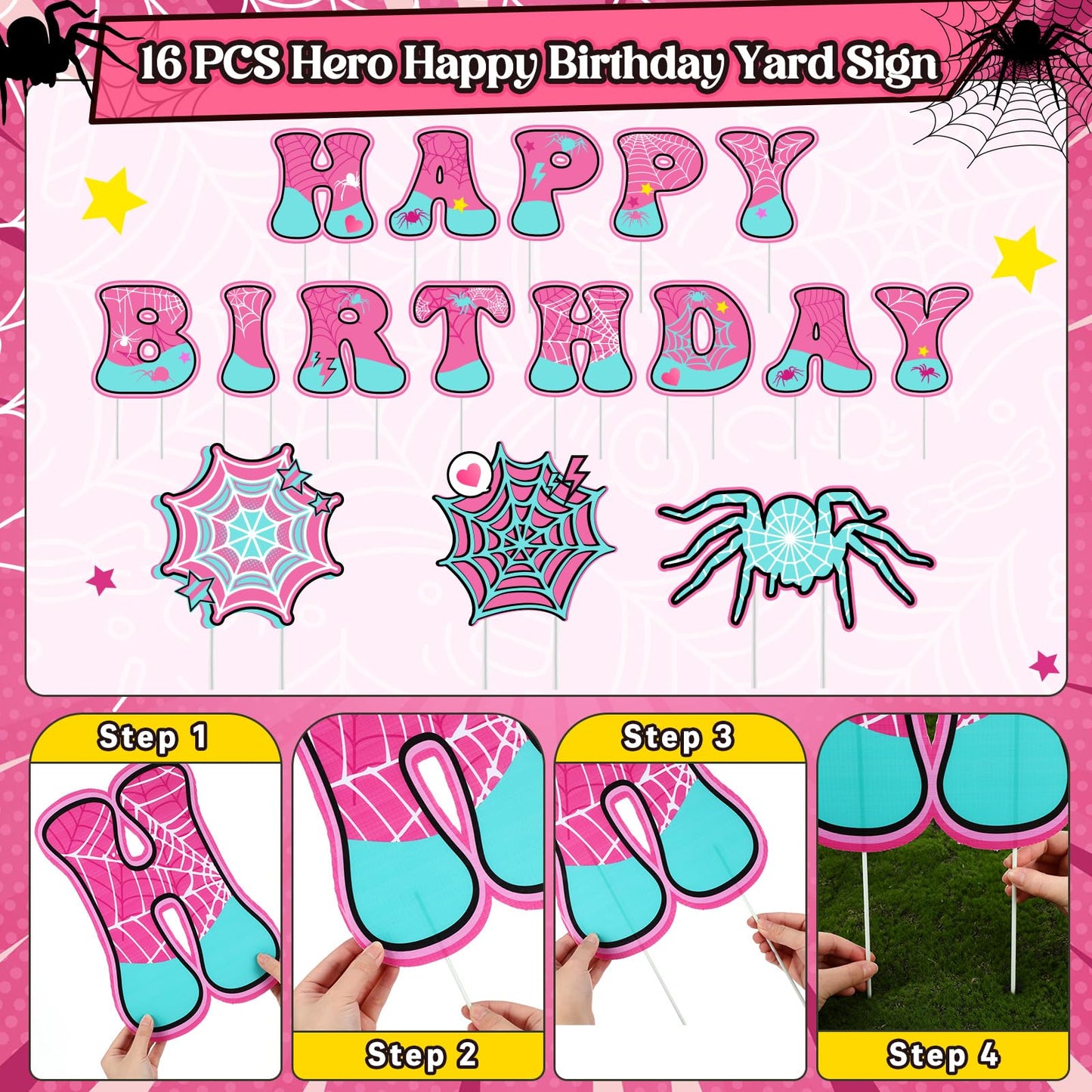 Soulchen 78 Pcs Spider Happy Birthday Party Decorations 13'' Spider Yard Signs with 60 Latex Balloons Decor Happy Birthday Letter Lawn Signs with Stakes for Outdoor Yard Lawn