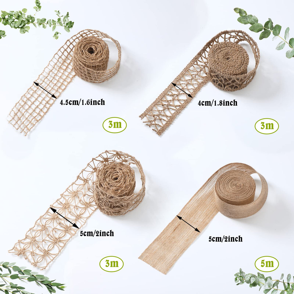 4 Rolls Burlap Ribbon Wired Natural Jute Burlap Lace 1.6-2 Inch x 16.4 Yard Wrapping Ribbon for Crafts, Big Bows, Wedding Gift Wrapping, Rustic Outdoor Decoration, Wreath, Holiday Party DIY Home Decor