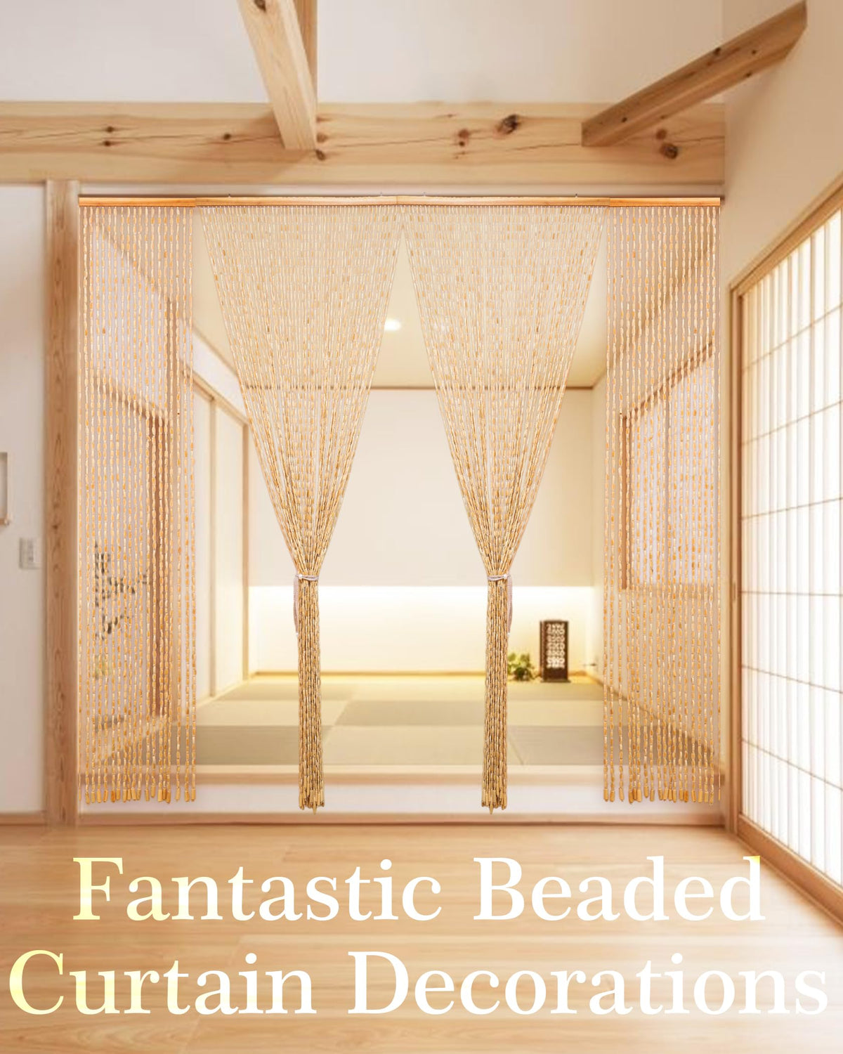 Ezcasch 52 Strands 35.4" x 79" Bamboo and Wood Beaded Curtain for Doorway Handmade Natural Doorway Beads Bohemian Bamboo and Wooden Room Devider Hanging Boho Beaded Curtain,Beige
