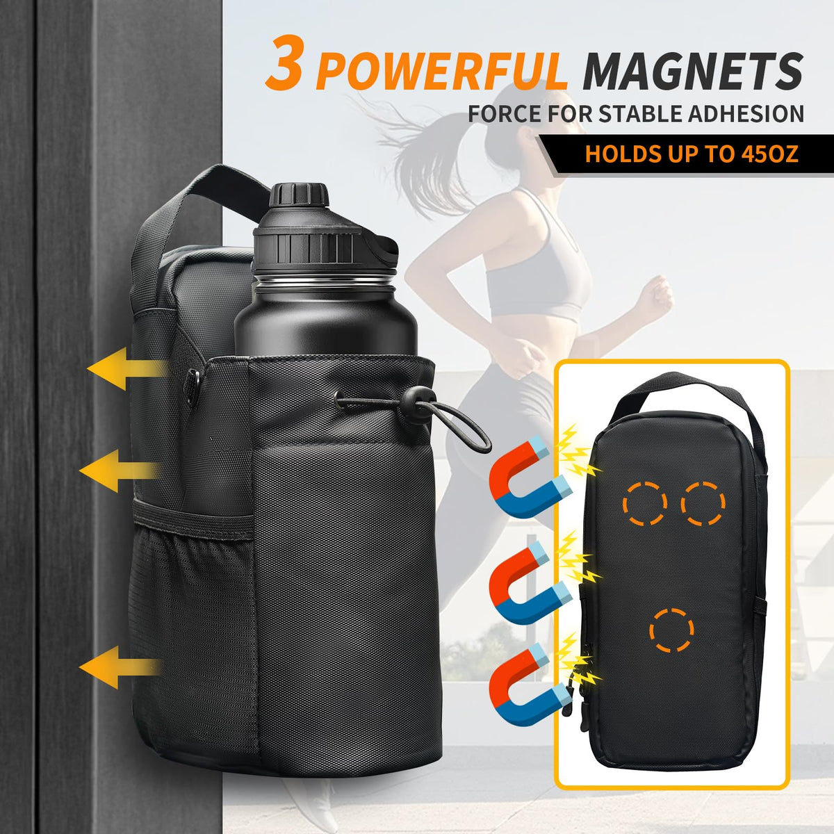 seektik Magnetic Gym Bag for Women and Men, Magnetic Water Bottle Holder with Strap and Phone Pocket (Black)