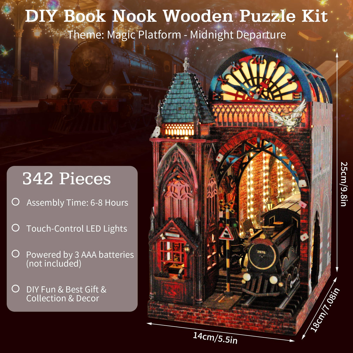 Magic Platform DIY Book Nook Kit Interactive 3D Wood Puzzle LED Magical Miniature with Infinite Mirror Extension Space DIY Bookshelf Insert Decor Gifts Miniature House Magic Express Diorama Scenery
