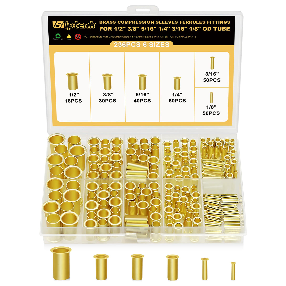 Siptenk 236PCS Brass Compression Tube Inserts for OD 1/2" 3/8" 5/16" 1/4" 3/16" 1/8", 6 Sizes Tubing Insert Brass Ferrule Fitting Assortment Kit