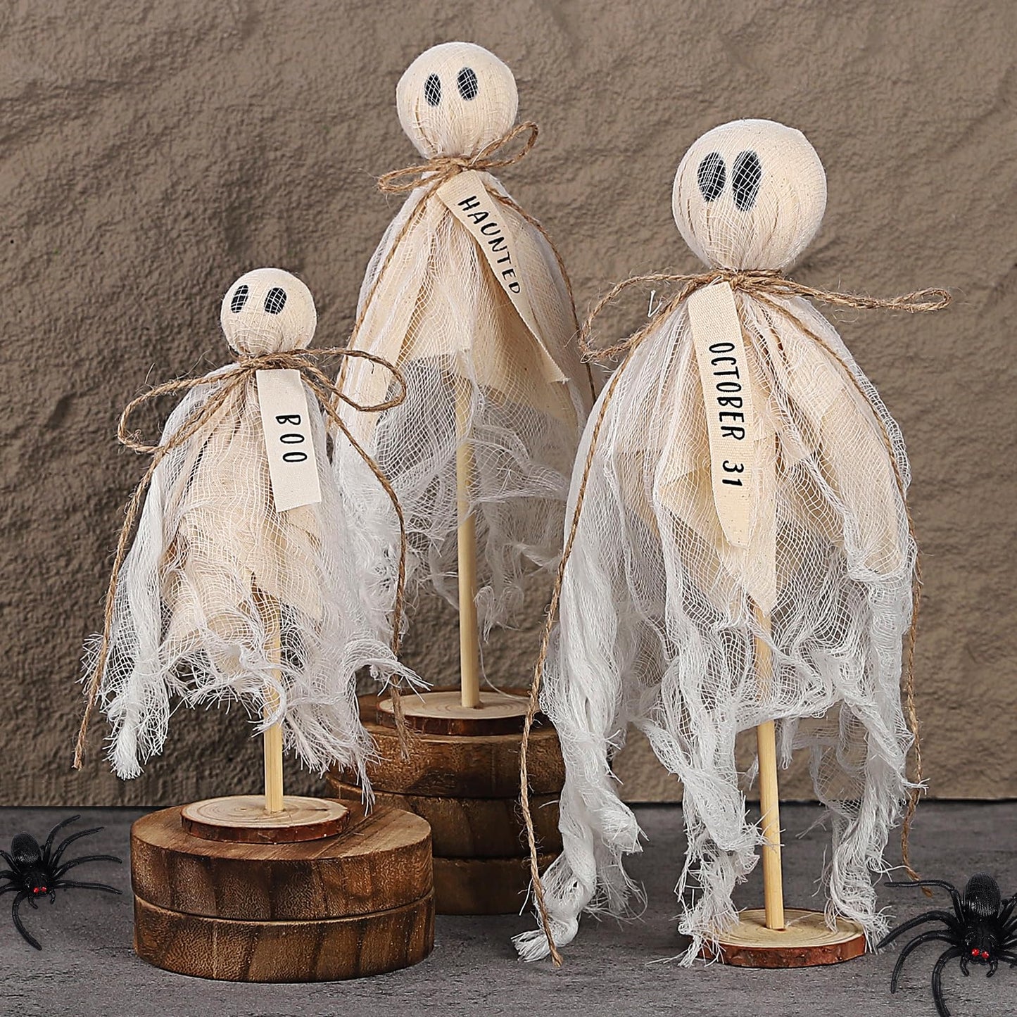 AMDBHC Summerween Decoration Halloween Decorations Indoor - 3 Set of Primitive Ghosts on Wooden Stand for Table Centerpieces Tiered Trays Shelves Mantels Home Halloween Décor