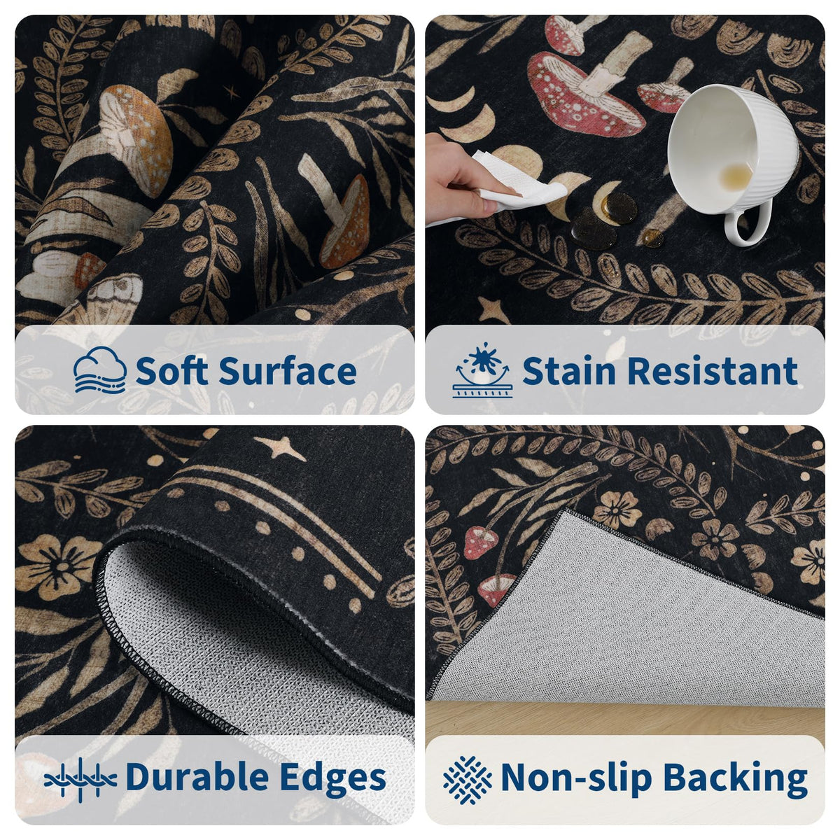 Garvee Mushroom 9x12 Area Rugs for Living Room, Dark Academia Gothic Rug, Non Slip Animal Print Washable Rugs 9x12 Low Pile Bedroom Decor Bug Carpet with Rubber for Dining Room Playroom Office, Black