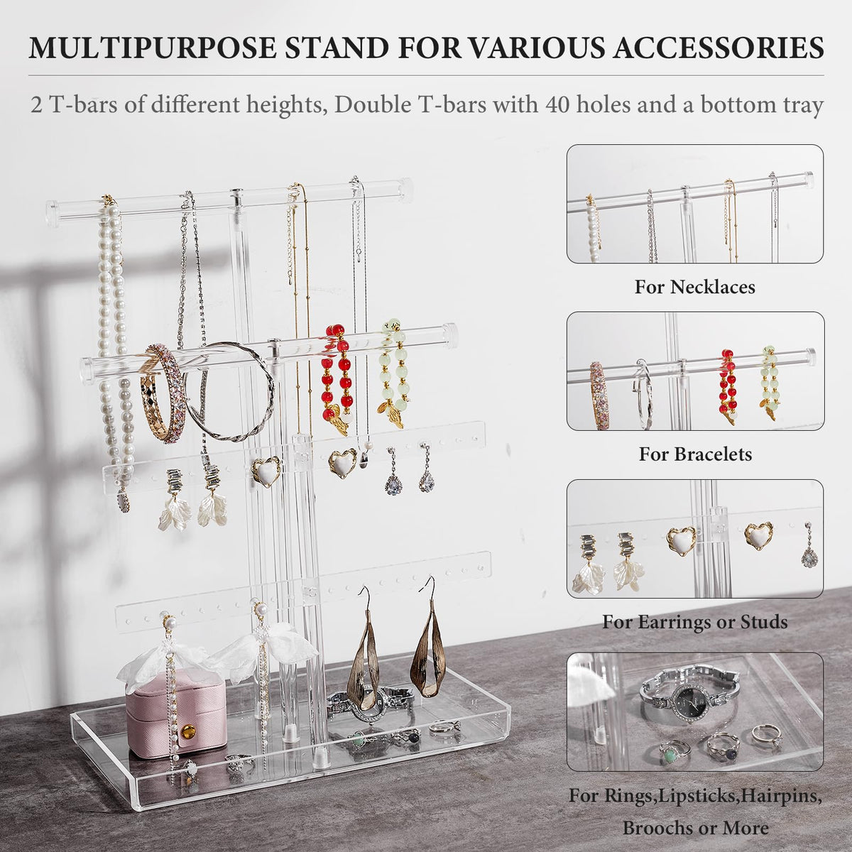 Acrylic Jewelry Organizer Stand with Tray, 4-Tier 14" Tall Tangle-Free Clear Jewelry Display Holder for Hanging Long Necklaces & Bracelets, 40 Earring Holes, Tower Tray Storage for Rings Watch Perfum