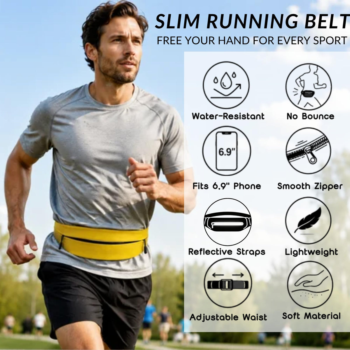 Running Belt for Men Women, Water-resistant Fanny Pack with 3 Zipper Pockets & Reflective Safety Strips, Adjustable Waist Pack Jogging Pouch for Phone, Keys & Essentials (Yellow, Large)
