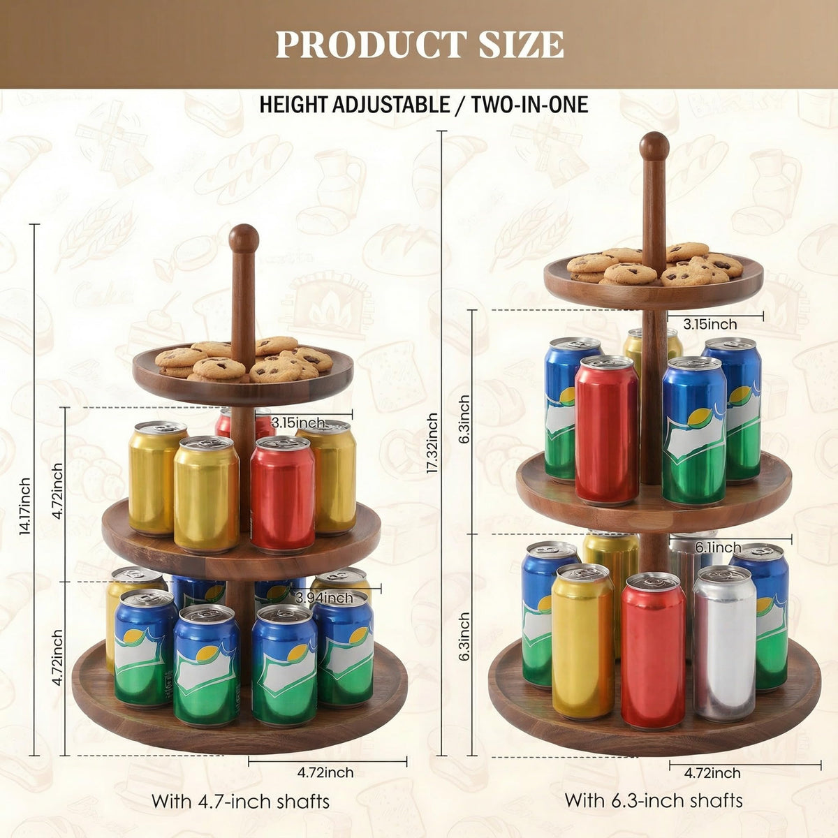 BURMAN Cupcake Stand Dessert Table Display Set – 2 in 1 Adjustable Height Rustic Natural Acacia Cupcake Holder Round Wood Tray – Three Tiered Serving Stand with Rotating Wheels, Anti Slip Stickers