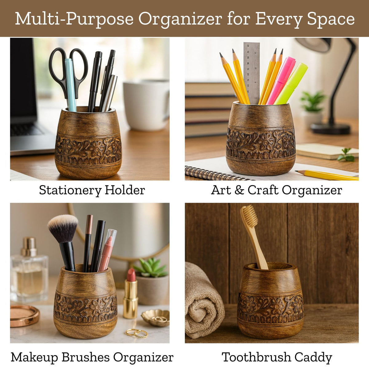 Mie Creations Designer Pencil Holder for Desk Wood | Wooden Pen Stand, Paintbrush Cup, Desk Accessories, Cute Make Up Brush Organizers | Office Desktop Stationery, Christmas Holidays Gift- 4'' Brown