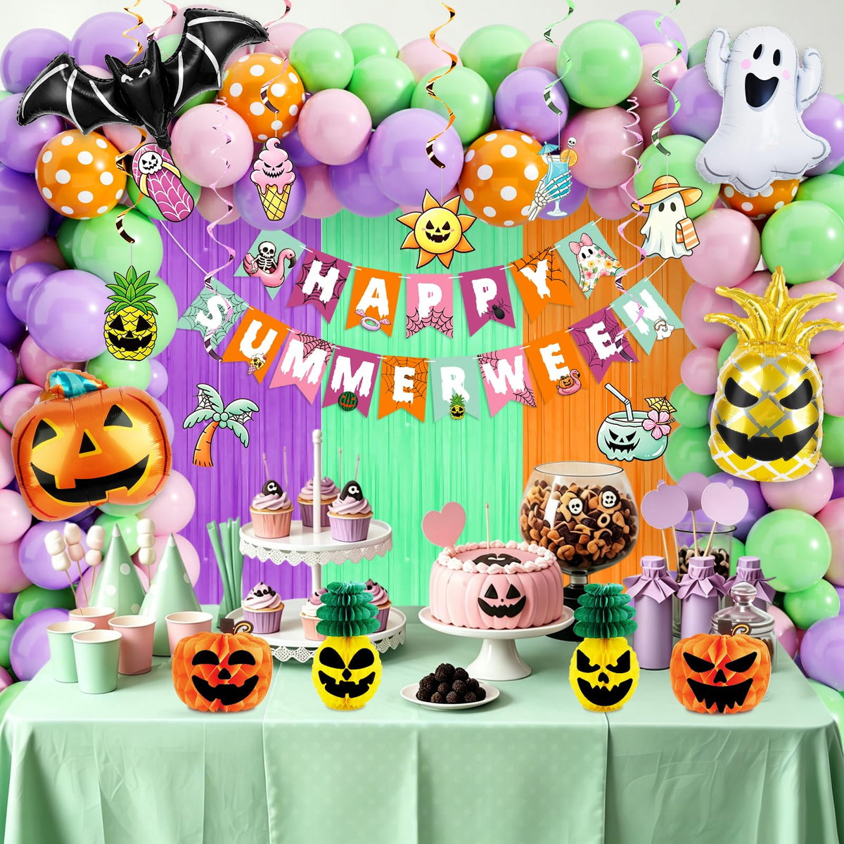 91Pcs Summerween Decorations Set - Summer Halloween Party Decorations with Happy Summerween Banner, Ghost Pineapple Balloons, Honeycomb Balls & Swirls - Spooky Summer Party Supplies for Birthday