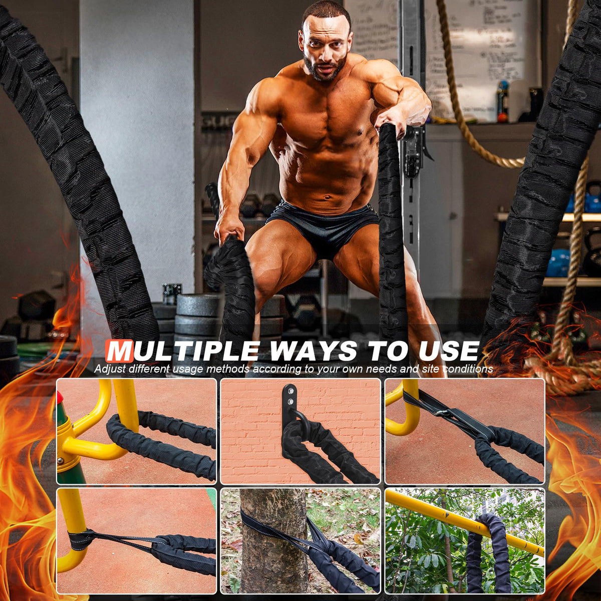 Battle Ropes for Home Gym Exercise: 1.26 Inch Diameter 30FT Length Workout Rope Exercise Rope Training Ropes with Protective Sleeve for Kids Men Women Exercise Fitness & Strength Training