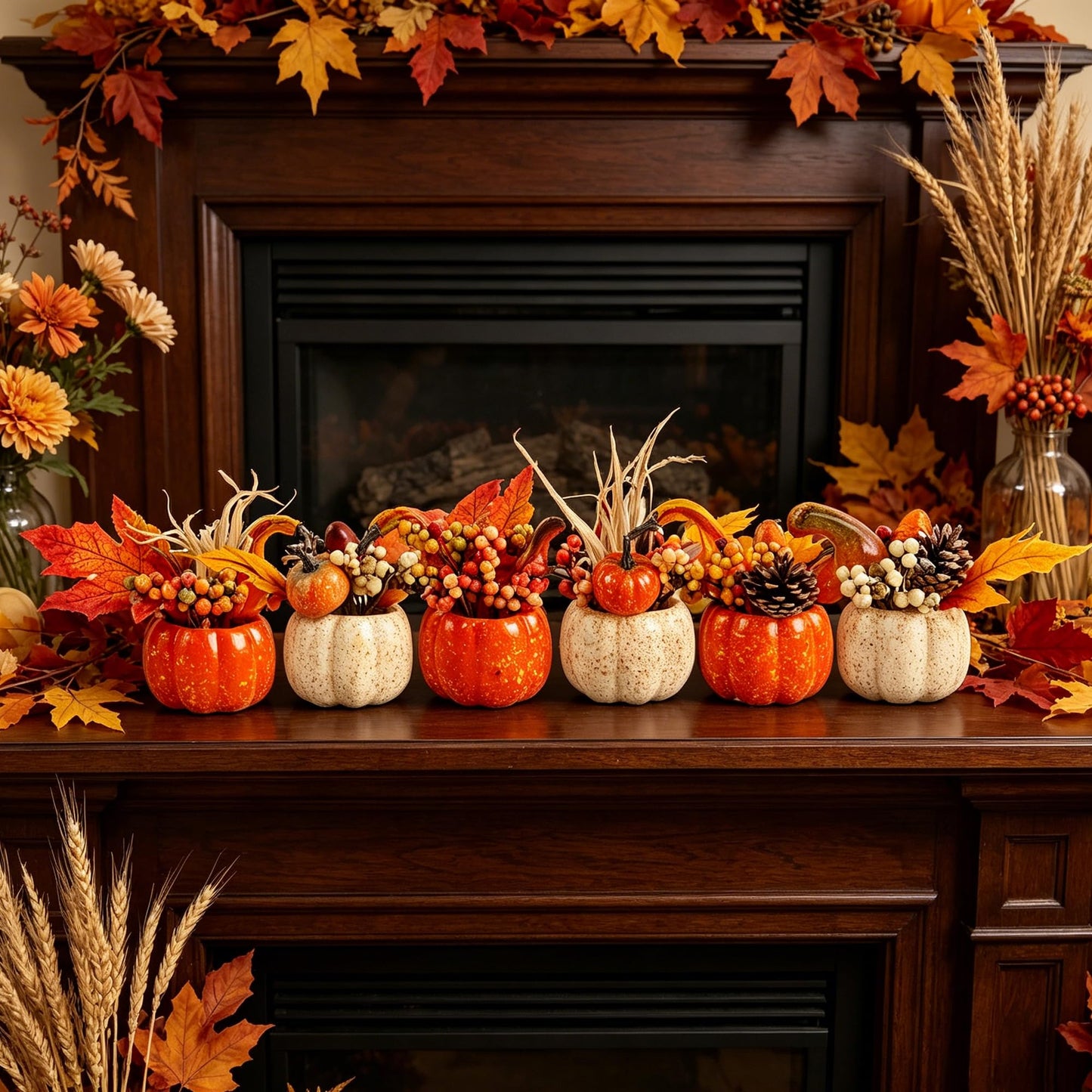 winemana Fall Decorations for Home - Set of 6 Artificial Pumpkin, Berry & Pine Cone Table Centerpiece for Office, Thanksgiving, Bathroom Kitchen Autumn Decor