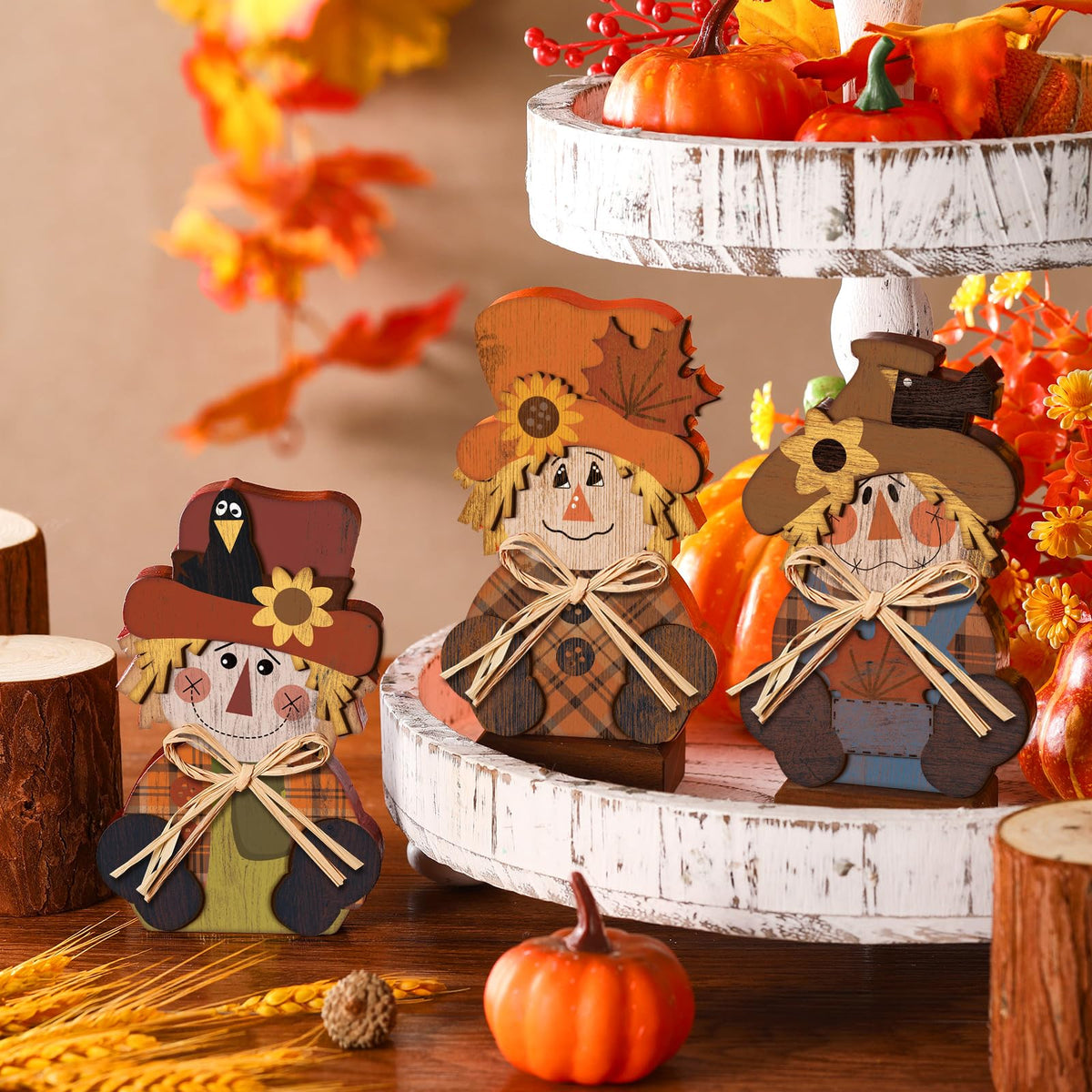 Ferraycle 3 Pcs Thanksgiving Scarecrow Decor Fall Decor Farmhouse Sign Rustic Tiered Tray Decorations Table Centerpieces Standing Pumpkin Turkey Wooden Block Sign for Home Kitchen(Scarecrow)