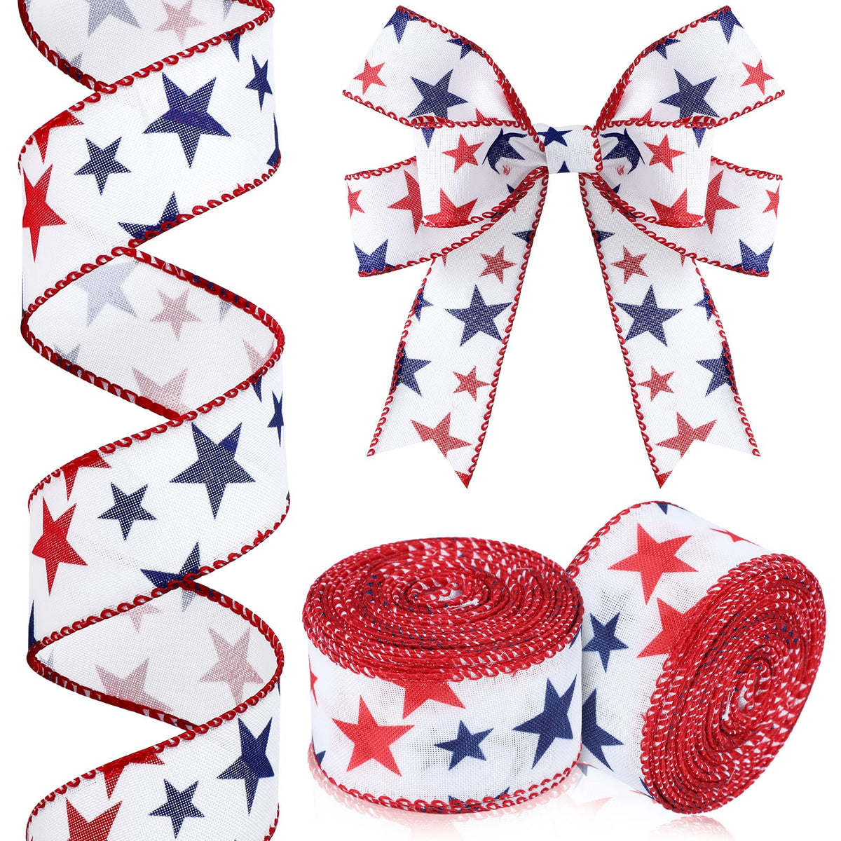 XunYee 2 Rolls Patriotic Ribbons 20 Yards American Red White and Blue Ribbon 4th of July Memorial Day Star USA Fabric Ribbon for Patriot Labor Party Bow Wreath Making DIY Crafts(1.5 Inch)