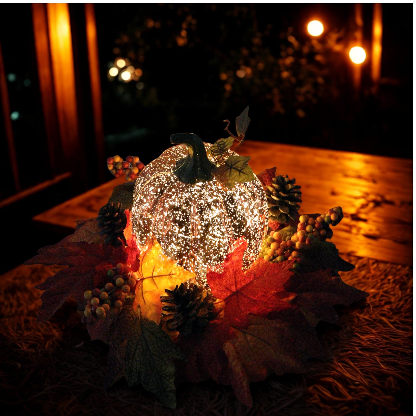 Lighted Pumpkin Fall Decor – LED Thanksgiving Decoration with Faux Maple Leaves, Berries, and Pinecones, Autumn Harvest Centerpiece for Table, Indoor and Outdoor Home Display